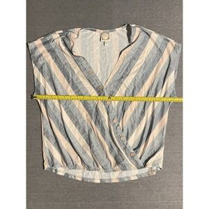 Blue Stripe Button Front Wrap Blouse Large Coastal Chic Short Sleeve Top